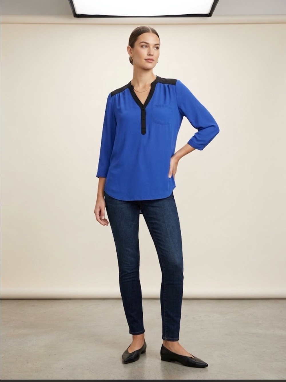 AGB Royal Blue V-Neck Blouse with Black Trim